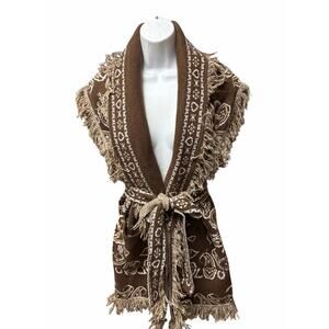 Orlinn Paris Brown Fringed Paisley Knit Belted Vest One Size